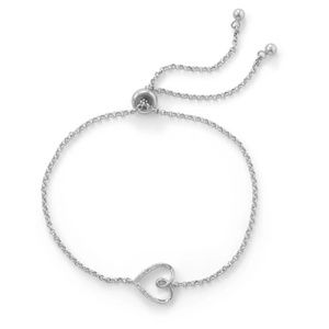 Sideways Heart Bolo Bracelet w/ Diamonds Rhodium Plated .925 Sterling Silver-NWB